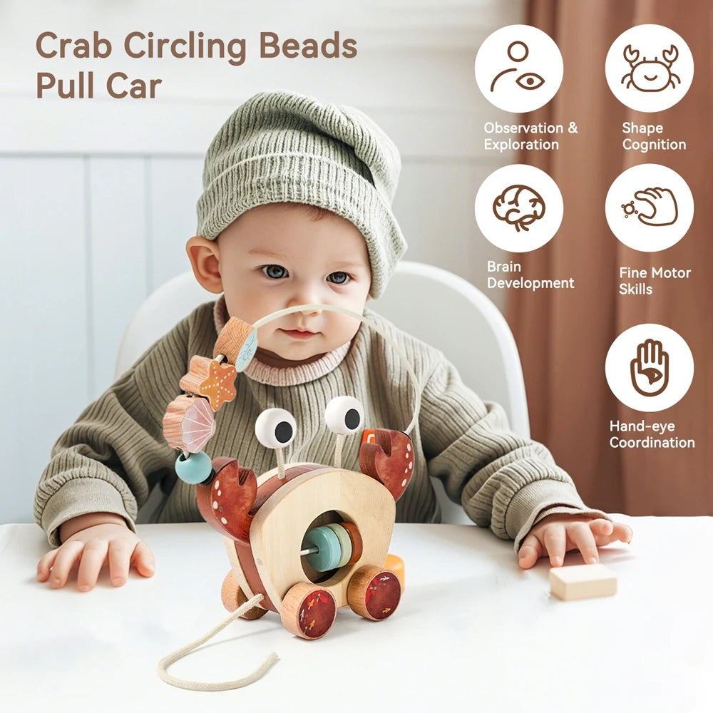 TinyTrek Crab – Montessori Wooden Pull Toy | Multi-Skill Development Bead & Block Toy