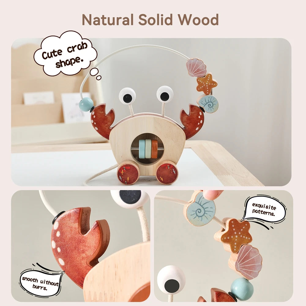 TinyTrek Crab – Montessori Wooden Pull Toy | Multi-Skill Development Bead & Block Toy