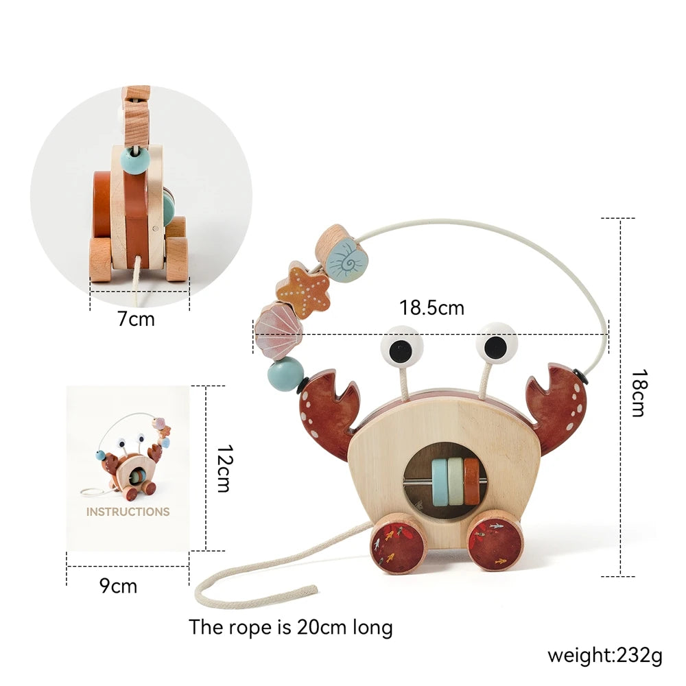 TinyTrek Crab – Montessori Wooden Pull Toy | Multi-Skill Development Bead & Block Toy