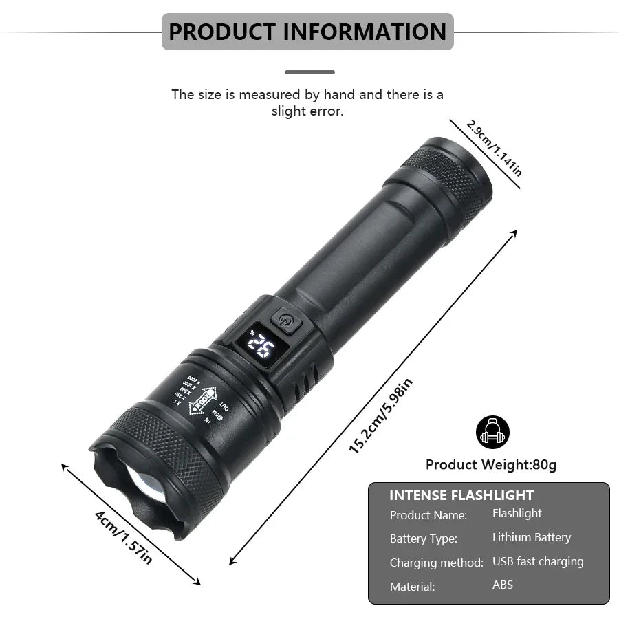 TitanBeam Ultra – 5000LM P70 LED Tactical Flashlight with Telescopic Zoom & Built-in Batter