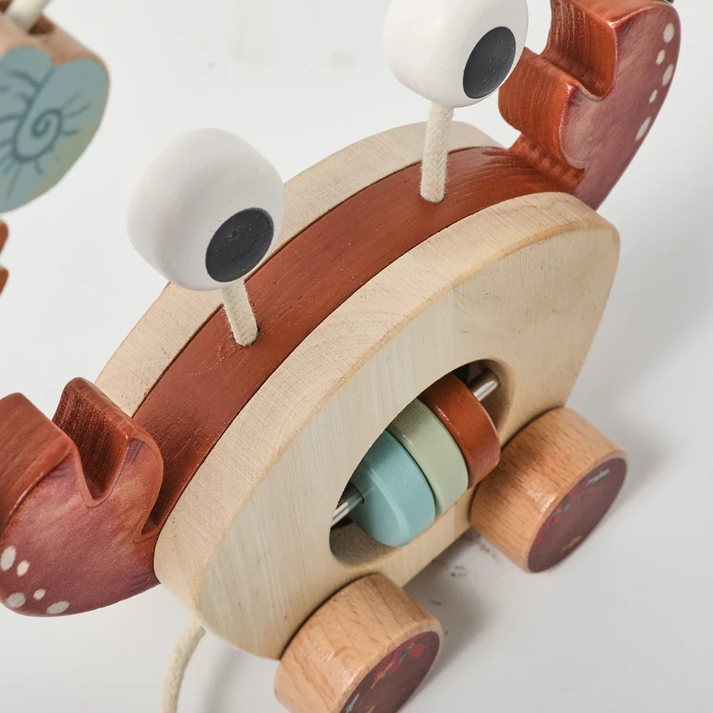 TinyTrek Crab – Montessori Wooden Pull Toy | Multi-Skill Development Bead & Block Toy