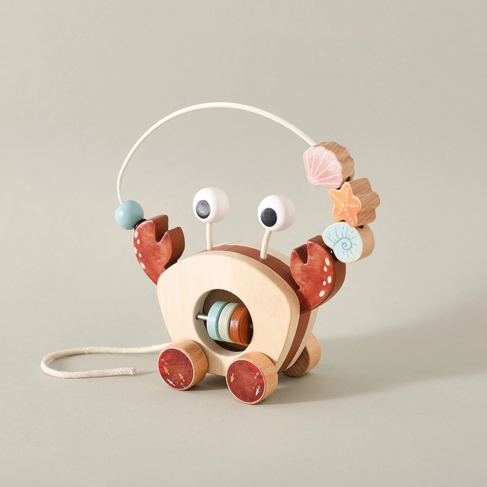 TinyTrek Crab – Montessori Wooden Pull Toy | Multi-Skill Development Bead & Block Toy