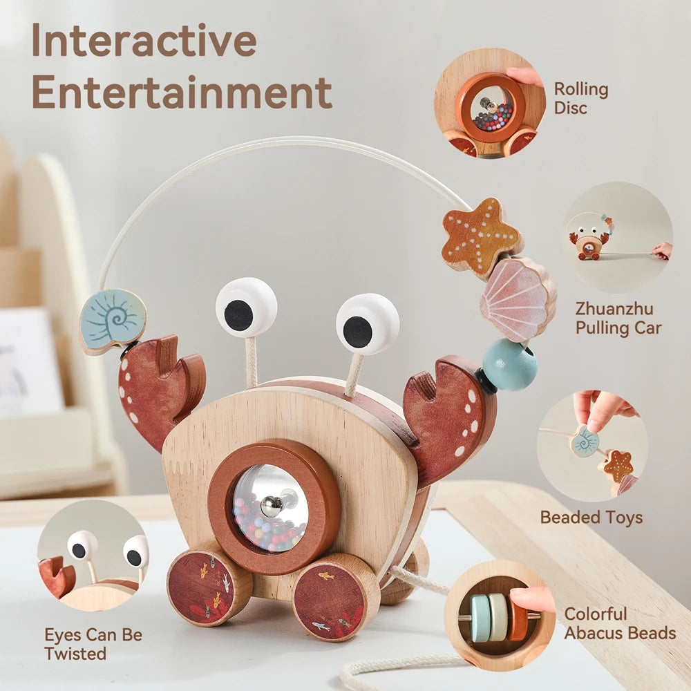 TinyTrek Crab – Montessori Wooden Pull Toy | Multi-Skill Development Bead & Block Toy