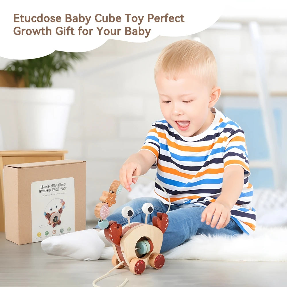 TinyTrek Crab – Montessori Wooden Pull Toy | Multi-Skill Development Bead & Block Toy