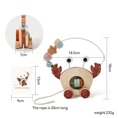 TinyTrek Crab – Montessori Wooden Pull Toy | Multi-Skill Development Bead & Block Toy
