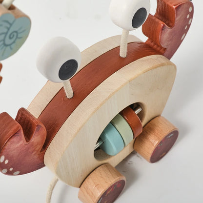 TinyTrek Crab – Montessori Wooden Pull Toy | Multi-Skill Development Bead & Block Toy