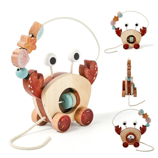 TinyTrek Crab – Montessori Wooden Pull Toy | Multi-Skill Development Bead & Block Toy
